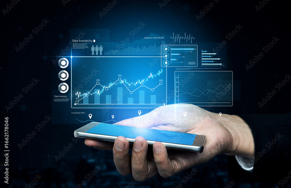Poster high-tech data visualization dashboard for analytics and performance tracking, including data visual