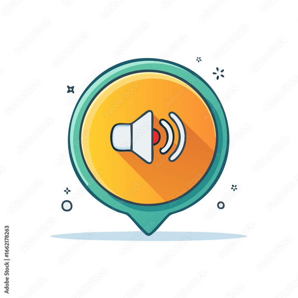 Poster isolated volume control indicator, round cartoon pointer with orange gradient and speaker icon
