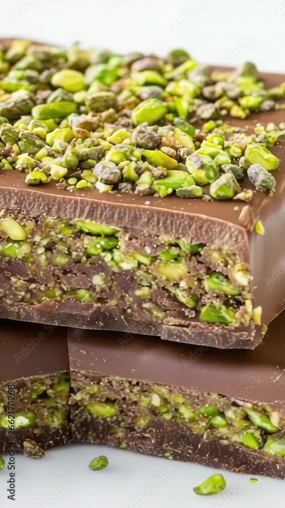 Poster Assorted chocolate bars with a layer of pistachios on top