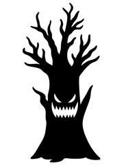sinister tree with hollow evil face, jagged sharp teeth and twisted branches, cursed dark spirit standing in nightmare forest, terrifying silhouette feeding on fear and shadows of the night