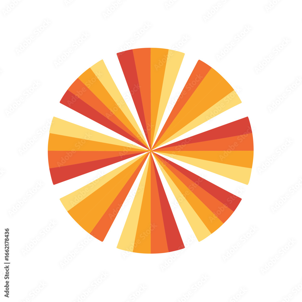Poster abstract circular burst pattern with symmetrical radiating triangular shapes, warm orange and yellow