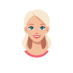 Isolated cartoon illustration of a smiling woman with blonde hair and red lipstick wearing a pink top. Vector flat design avatar of a female character
