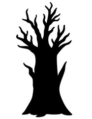Dark silhouette of a barren haunted tree with twisted branches reaching upward like skeletal arms, creepy Halloween