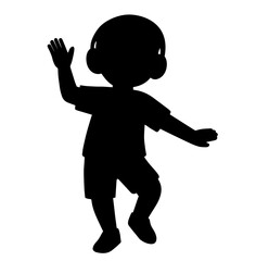 Dancing child silhouette with headphones, happy little kid enjoying music and rhythm