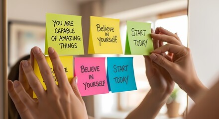 Hands placing colorful sticky notes with motivational messages like "Believe in Yourself" and "Start Today" on a reflective surface.