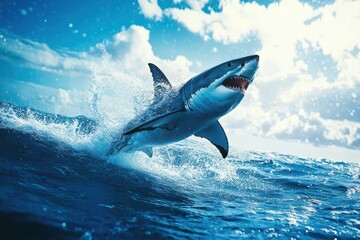 Obraz premium Great White Shark Jumping Out of Deep Blue Ocean