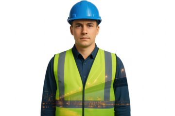 Construction engineer wearing safety vest and helmet with illuminated bridge double exposure on transparent background