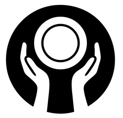 Hospitality with hands holding plate inside circle symbolizing care, service and culinary tradition