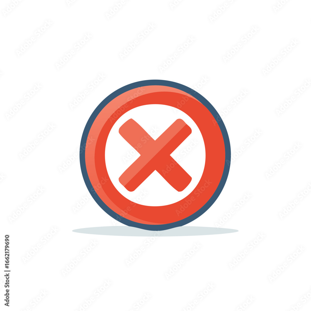 Poster vivid red cross symbol inside a red circle with blue border icon expressing rejection or negative me