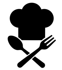 Chef hat with crossed fork and spoon silhouette symbol of restaurant, dining and culinary services