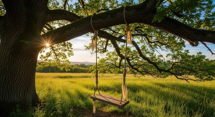 A rustic wooden swing hangs from a large oak tree branch in a sunlit meadow, creating a peaceful and idyllic scene