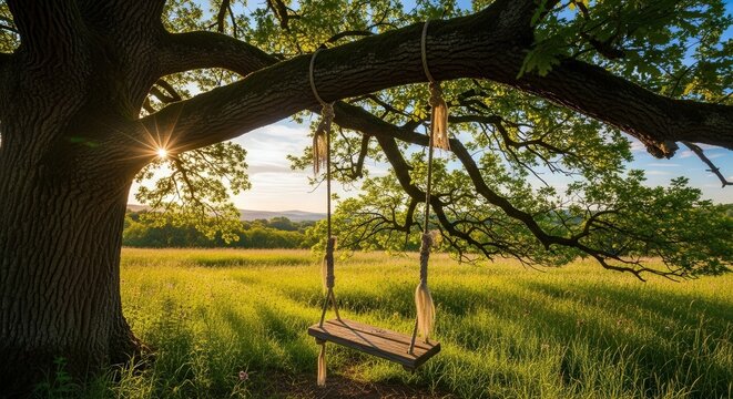 A rustic wooden swing hangs from a large oak tree branch in a sunlit meadow, creating a peaceful and idyllic scene - Powered by Adobe