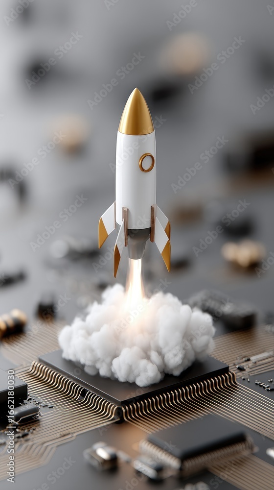 Poster rocket launching from a circuit board with smoke against a blurred background showcasing technology 
