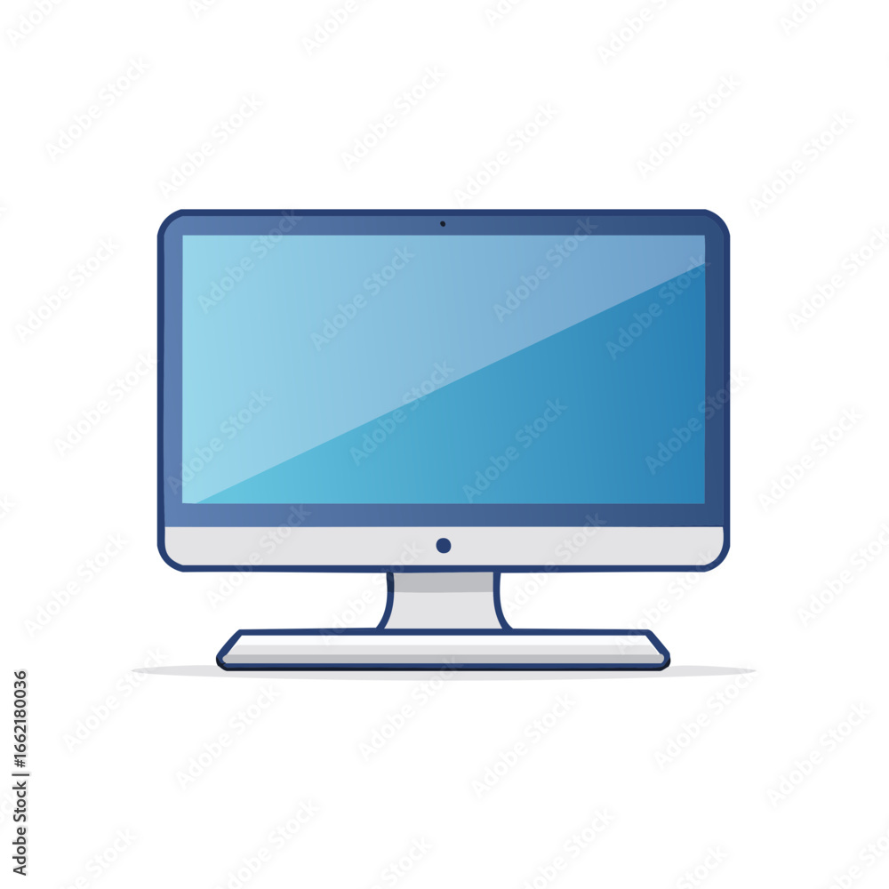 Poster illustration of a sleek desktop computer with light blue display ready for use