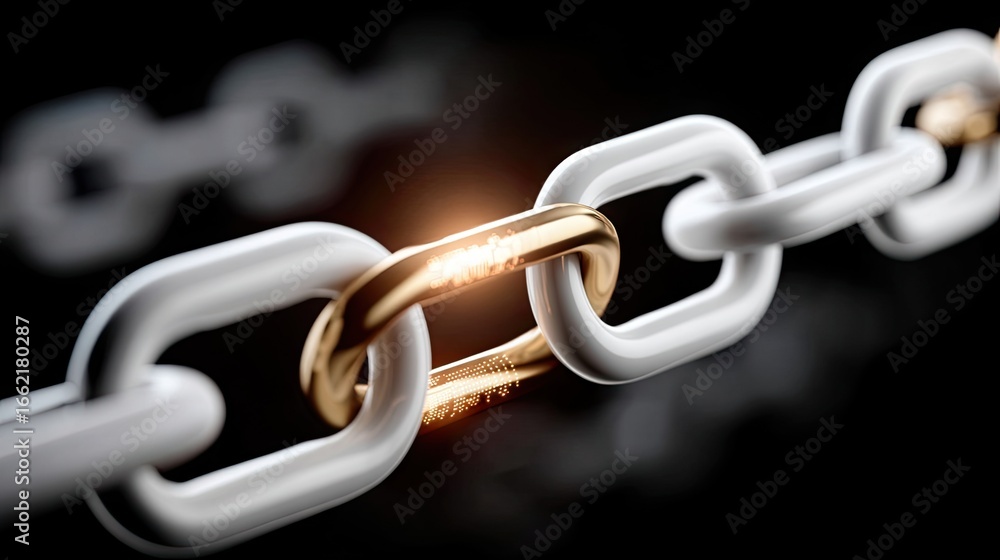Poster visual representation of connection and strength with a golden link among white chain links illumina