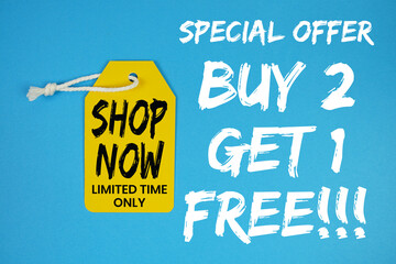 Buy 2 Get 1 Free!!! special offer with pric tag on blue background