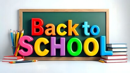 3D render of text &lsquo;Back to School&rsquo;, colorful glossy letters, surrounded by pencils, books, chalkboard,  Studio lighting