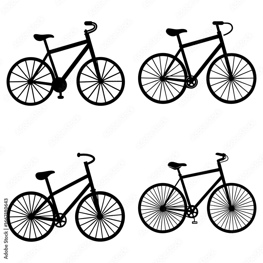 Poster four black bicycle silhouettes arranged in a square pattern on a white background with spokes visibl