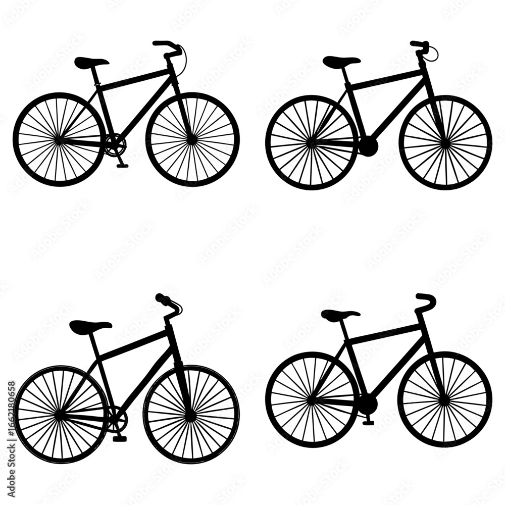 Poster four bicycle silhouettes arranged in a square pattern on a white background showing different handle