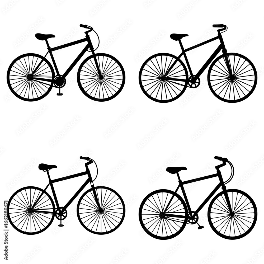 Poster four bicycle silhouettes arranged in a square pattern on a white background showing different bicycl