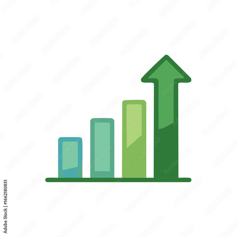 Poster rising green bar graph with upward arrow depicting growth chart progress and increasing sales for fi