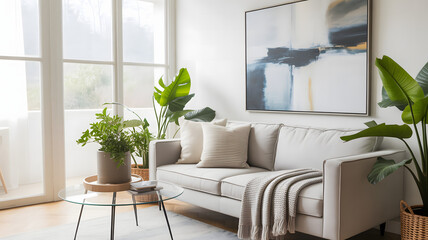 Bright and airy living room with modern sofa and lush green plants