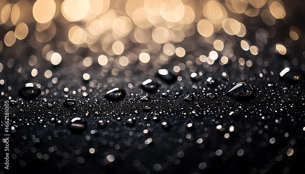 Poster wet black surface with golden bokeh lights abstract closeup texture backdrop
