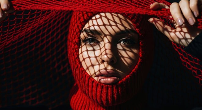 Young caucasian female with red knit hat and shadow patterns
