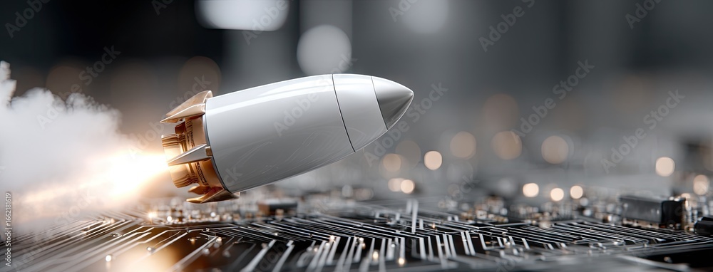 Poster rocket launching from a circuit board symbolizes innovation and technology advancement in a futurist