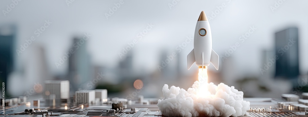 Poster miniature rocket launching from a computer circuit board at a technology conference highlighting adv