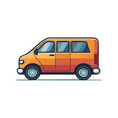 Illustration of an orange and red minibus van with windows and wheels on white. Vector drawing of transport vehicle.