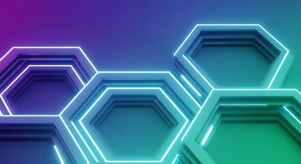 Abstract neon glowing hexagonal pattern with layered geometric shapes on a vibrant gradient background.