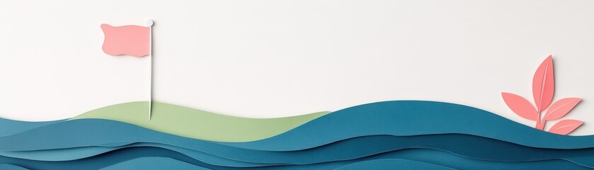 Minimal Tropical Island Scene with Paper Cut Waves and Flag