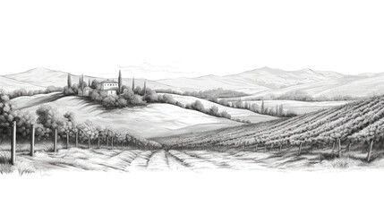 Hand drawn Tuscany vineyard landscape illustration on white background