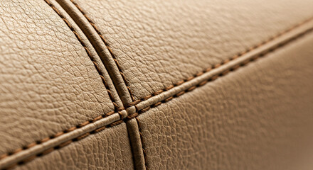 A close up shot of beige leather with stitching detail showing texture and craftsmanship in detail view