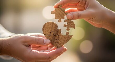 Two hands carefully assembling a wooden heart puzzle, symbolizing connection and unity.