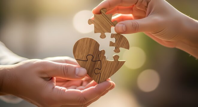 Two hands carefully assembling a wooden heart puzzle, symbolizing connection and unity.