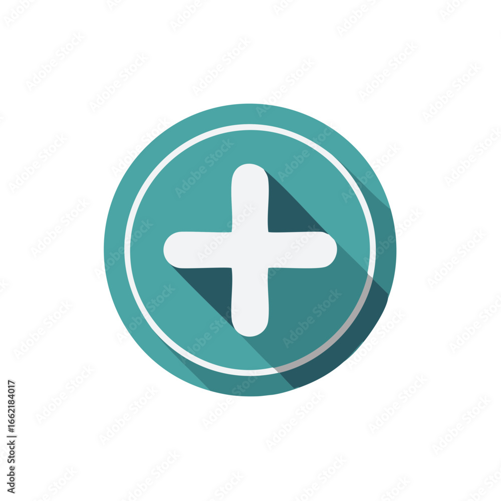 Poster teal plus sign icon with long shadow for digital application and design element. white cross symbol 