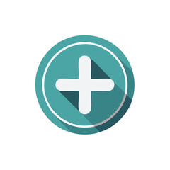Fototapeta premium Teal Plus Sign Icon with Long Shadow for Digital Application and Design Element. White Cross Symbol inside Circle