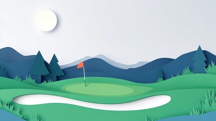 Layered Paper Cut Golf Course Scene at Night with Hills and Trees
