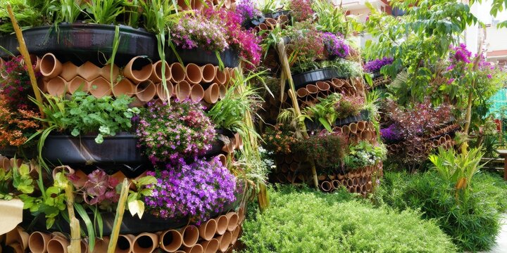 Vertical garden with flowers and plants in recycled tire planters.