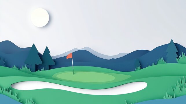 Layered Paper Cut Golf Course Scene at Night with Hills and Trees