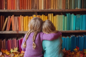 Two young girls, wearing casual outfits, are sitting on a stack of colorful books in a library. They are engrossed in reading and surrounded by shelves filled with books.