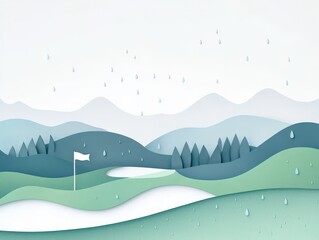 Gentle Rainy Golf Scene with Layered Paper Cuts and Puddles