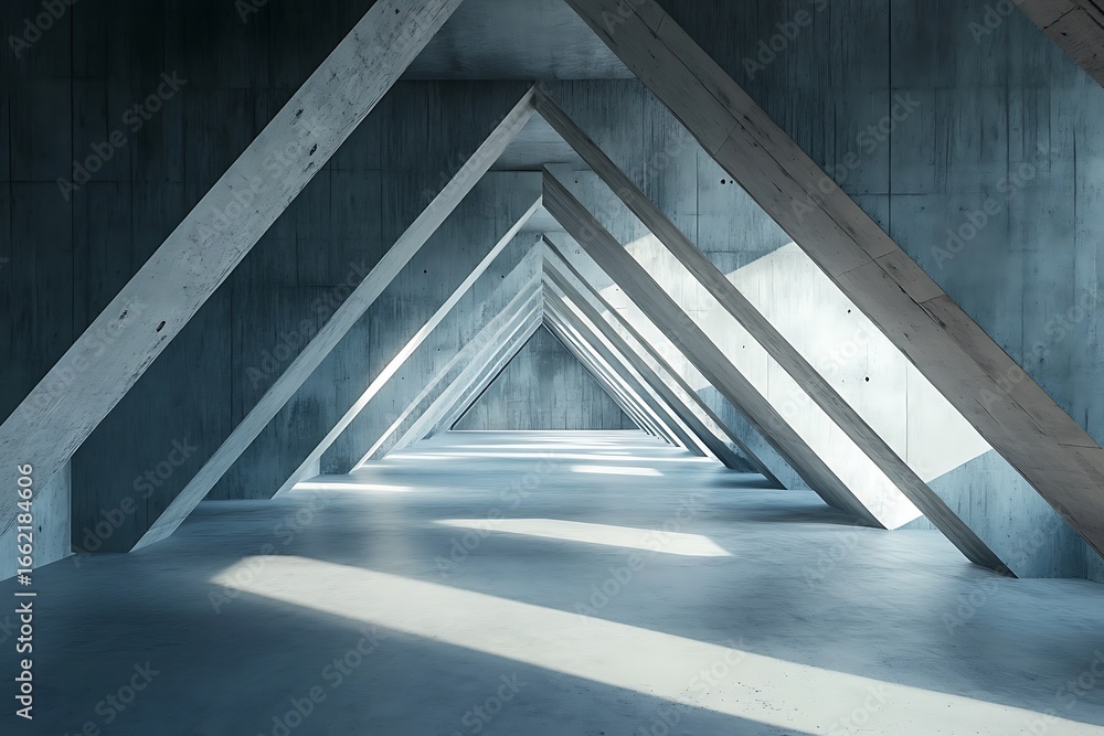 Poster abstract concrete tunnel with triangular frames and sunlight streaks perspective