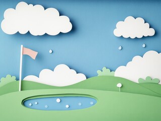 Gentle Rainy Golf Scene with Paper Cut Layered Design Elements