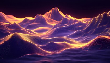 Abstract Landscape Purple Hills and Orange Glowing Mountain Range on Dark Backdrop