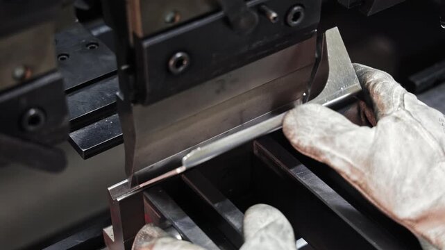 Sheet metal bending with hydraulic press. Close-up of a metalworker operating a hydraulic press brake machine to bend sheet metal into precise angles and shapes.