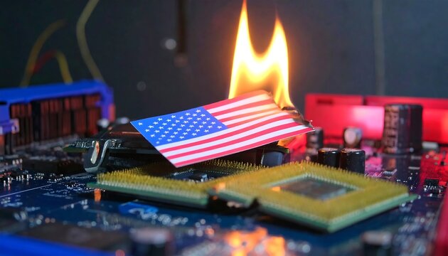 Burning American flag on computer motherboard