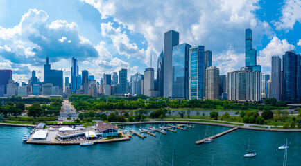 Aerial Drone View of Downtown Chicago Skyline over Lake Michigan Harbor. August 2025 